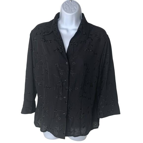 Joanna Blouse Womens Medium Black Button Up Polyester 3/4 Sleeve No Pocket Shirt - Picture 1 of 13